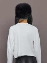 Back view of Fox Trapper Hat in black faux fur showing full coverage.