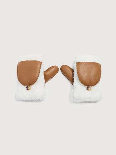 Faux Shearling & Leather Flip Top Mittens - Chestnut/Ivory