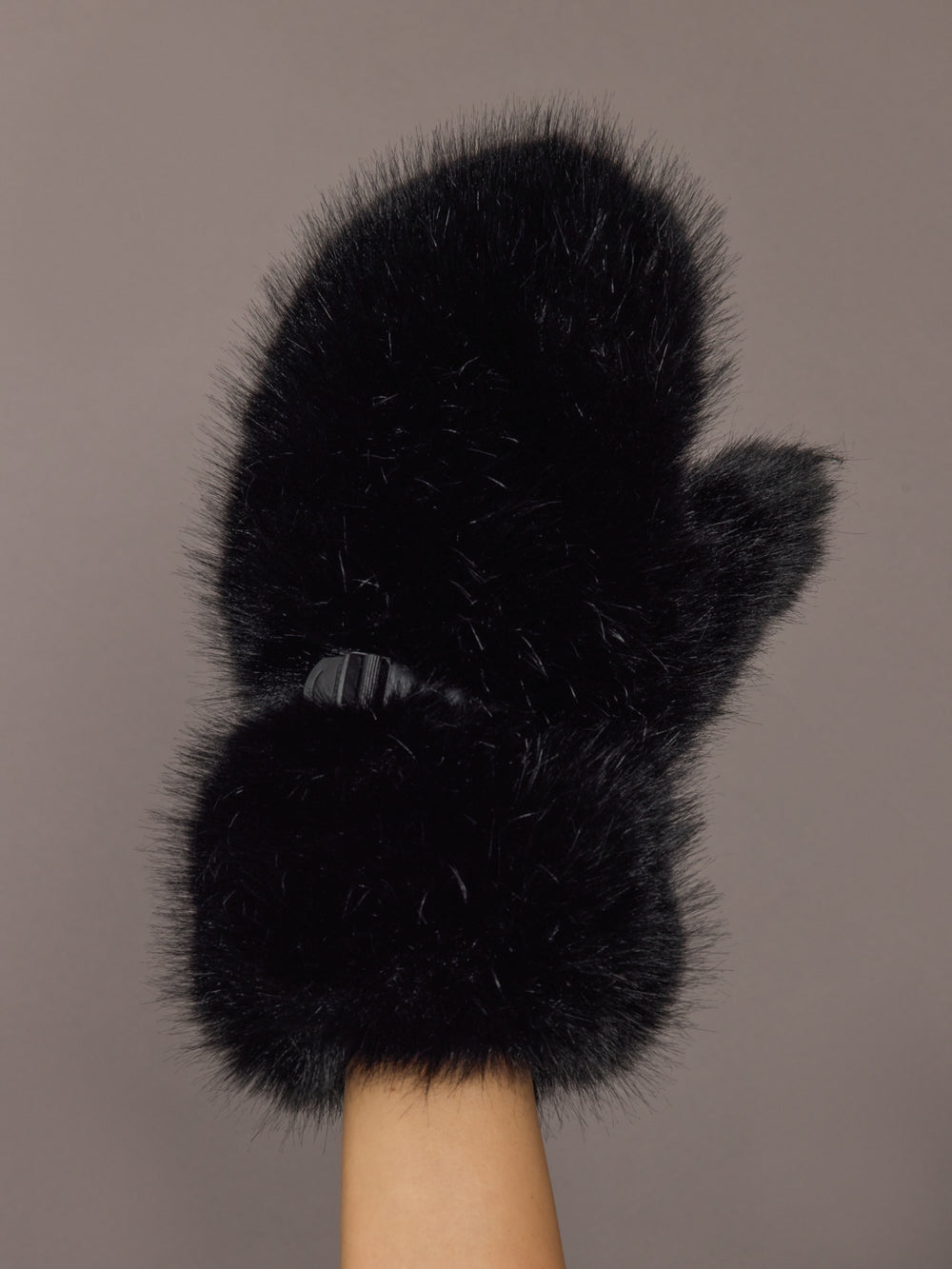 Black faux fur mittens with ribbed cuffs, front view.