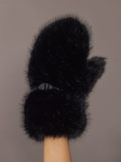 Black faux fur mittens with ribbed cuffs, front view.
