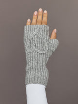 Front view of light grey fingerless knit glove with embroidered heart detail.