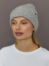 Model wearing Love embroidered knit hat in light grey, front view.