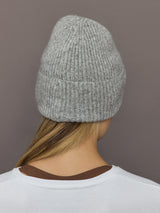 Back view of Love embroidered knit hat in light grey with fold-over cuff.