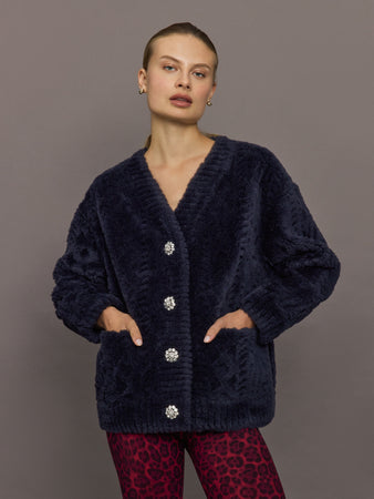 Sheared Sherpa Cardigan with Jewel Buttons