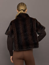 Back view of dark brown faux fur pullover sweatshirt with high collar.