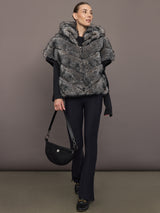 Full body view of model wearing Faux Fox Hooded Chevron Short Sleeve Jacket in grey.