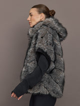 Side view of Faux Fox Hooded Chevron Short Sleeve Jacket in grey showing sleeve detail.