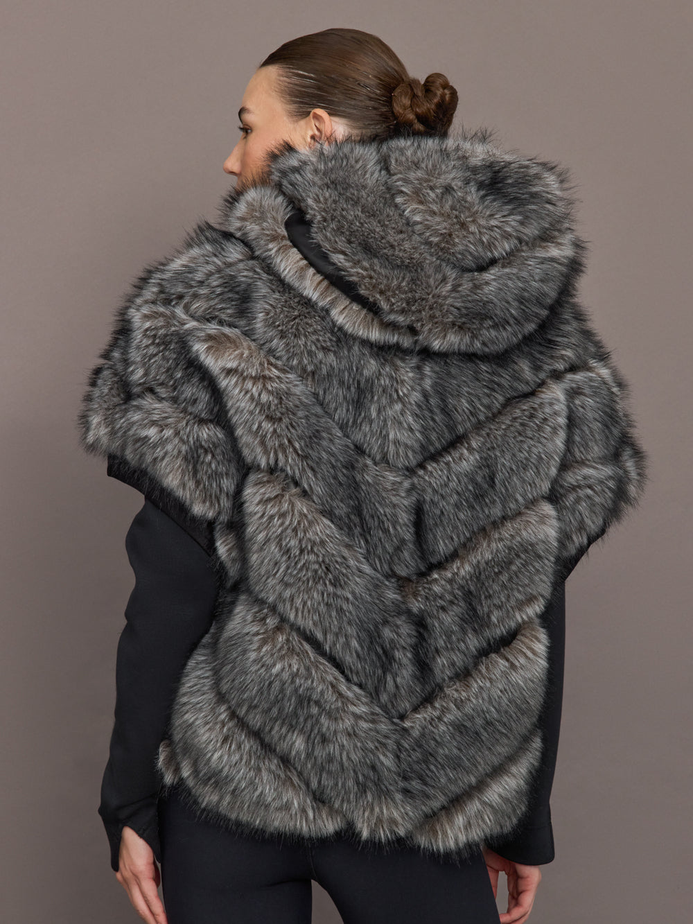 Back view of Faux Fox Hooded Chevron Short Sleeve Jacket in grey highlighting chevron texture.