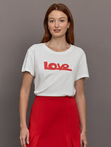 Model wears white short-sleeve t-shirt with a red 'Love' design on the front.