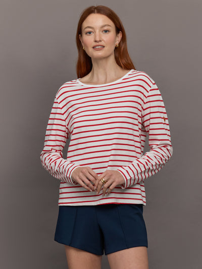 Model wears long-sleeve t-shirt with horizontal white and red stripes and a crew neckline.