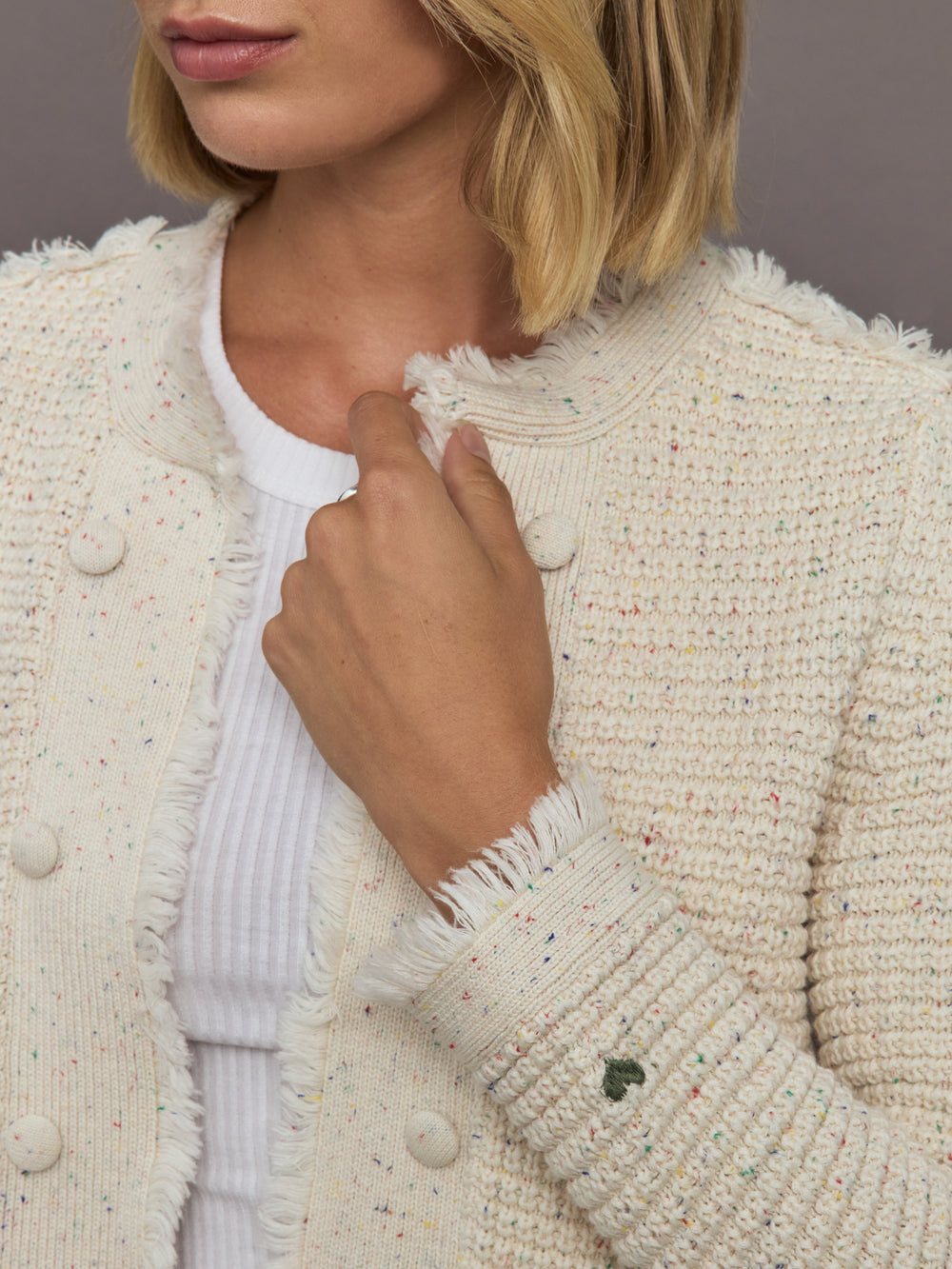Close-up of a person wearing a textured beige cardigan over a white shirt.
