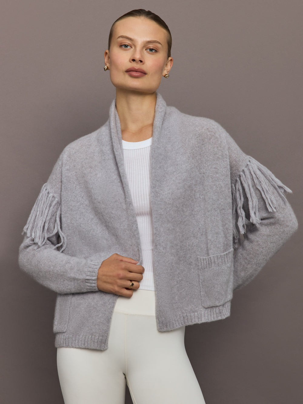 Women’s platinum open-front cardigan with shawl collar, front view.