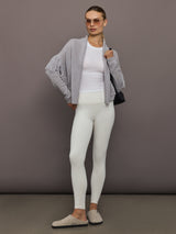 Front view of platinum cardigan with shawl collar and patch pockets detail.