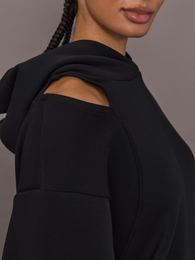 Scuba Fleece Cutout Hoodie Black, shoulder cutout detail close up.