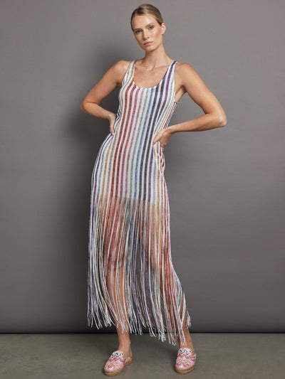 Long Cover Up - WHITE W MULTI STRIPES