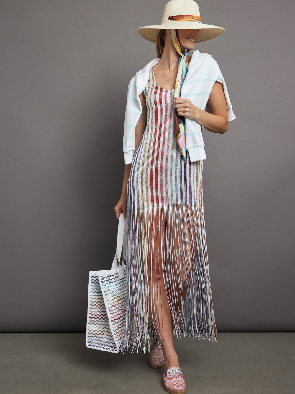 Long Cover Up - WHITE W MULTI STRIPES