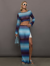 Model wears a multi-blue long-sleeve cropped top with a form-fitting silhouette.
