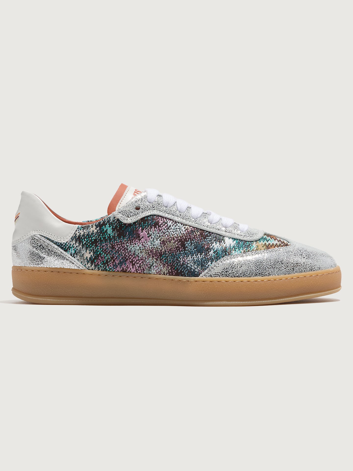 Alice Low-Top Sneaker Silver Multi Turquoise, side view on plain background.