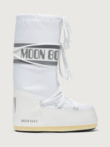 White moon boot with 'MOON BOOT' branding on a light gray background