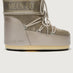 A pair of Moon Boots in gray with drawstrings.