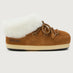 Brown slip-on shoe with white fur lining on a light gray background
