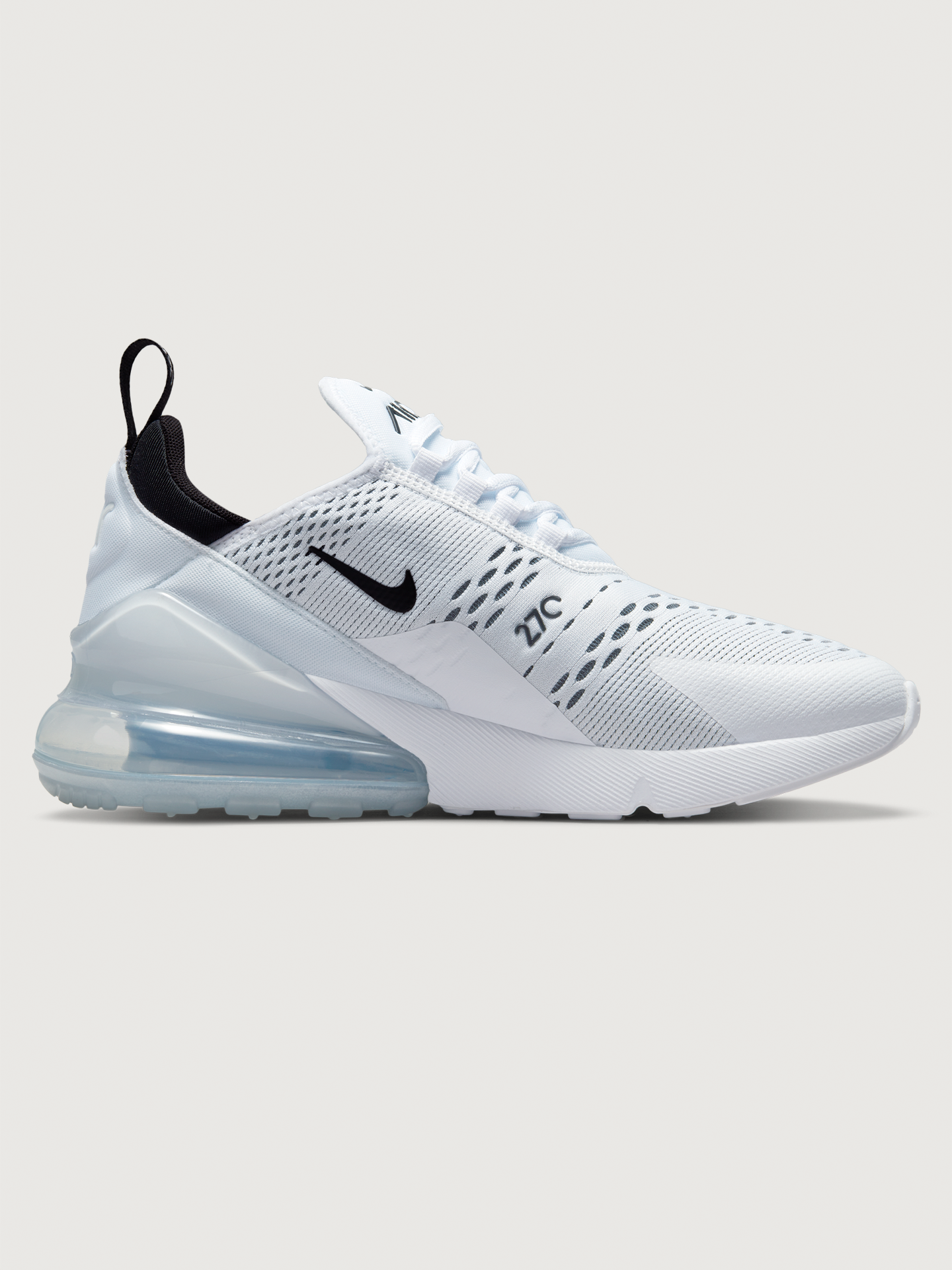 Nike Air Max 270 shoes in white and black.