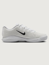 White athletic shoe with black swoosh logo on a white background