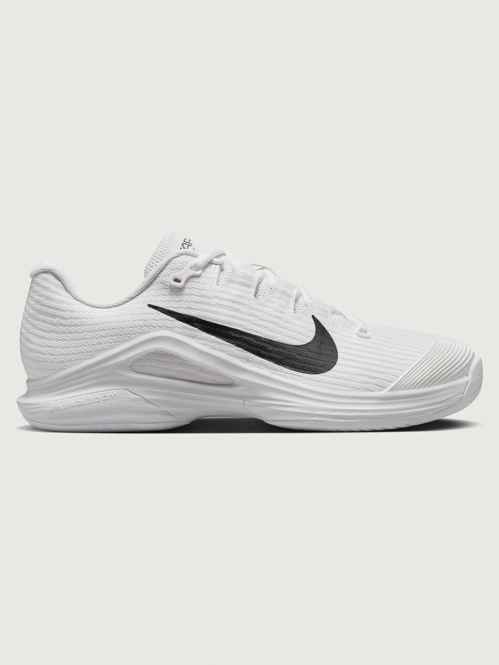 White athletic shoe with black swoosh logo on a white background