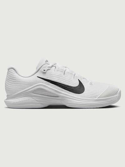 White athletic shoe with black swoosh logo on a white background