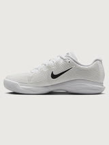 White athletic shoe with black swoosh logo on a white background