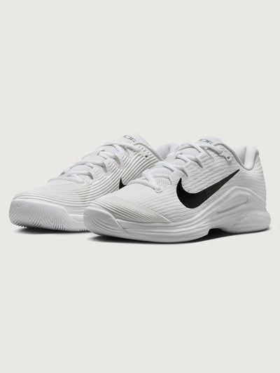 White athletic shoe with black swoosh logo on a white background