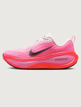 Pink running shoe with black Nike logo on a white background