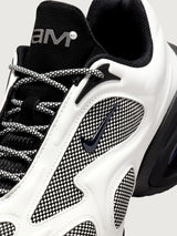 Air Max Muse 2 in Summit White/Metallic Dark Grey/Black, close-up view of mesh panel and swoosh detail.