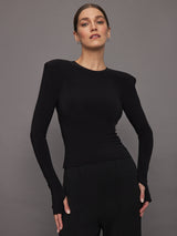 Shoulder Pad Long Sleeve Crew Top - Black