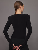 Shoulder Pad Long Sleeve Crew Top - Black