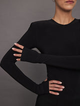 Shoulder Pad Long Sleeve Crew Top - Black