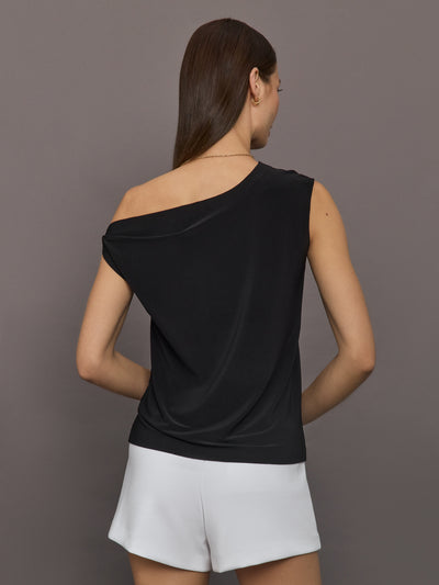 Model wears black short-sleeve top with a drop shoulder design.
