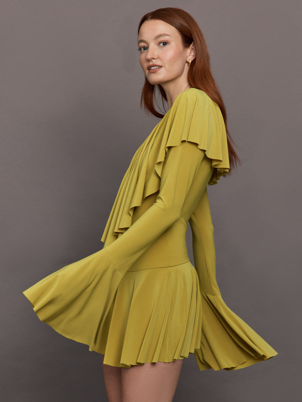 Long Sleeve Deep V Ruffle Mini Dress - Asparagus Carbon38 Long Sleeve Deep V Ruffle Mini Dress - Asparagus Carbon38