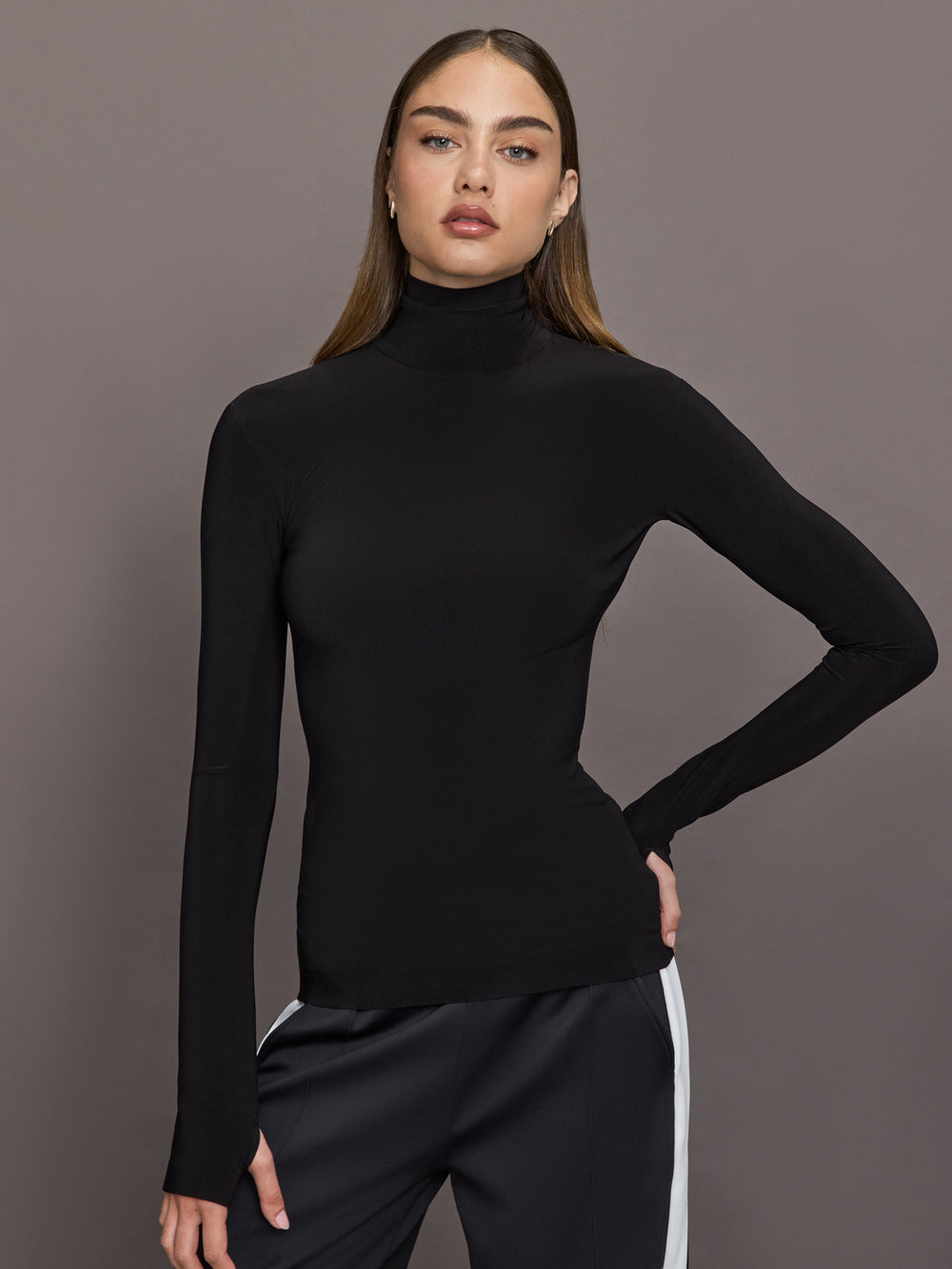 Slim Fit Long Sleeve Turtle Top - Black