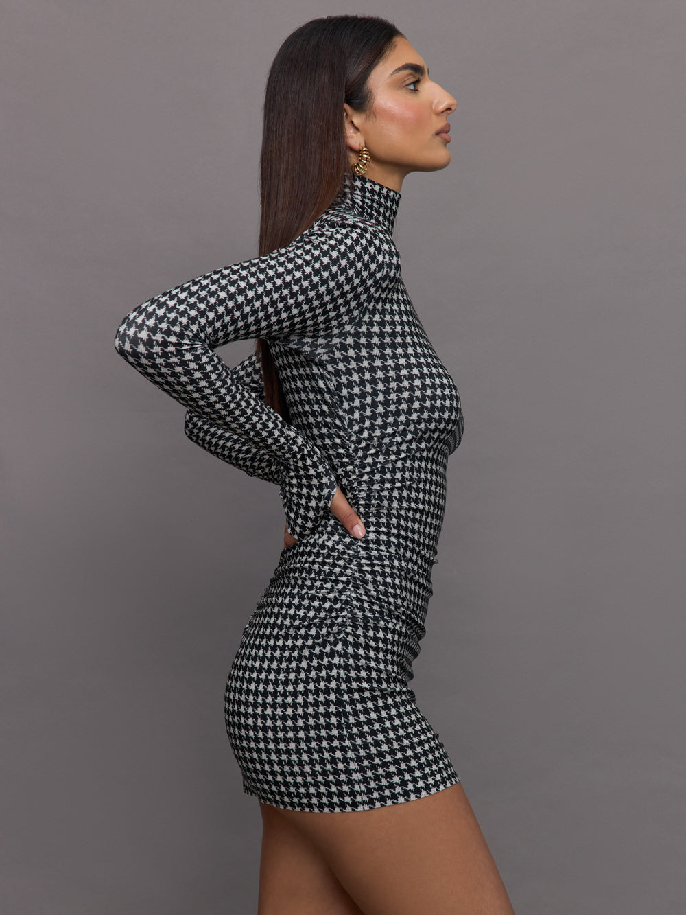 Long Sleeve Turtleneck Pickleball Dress - Large Houndstooth