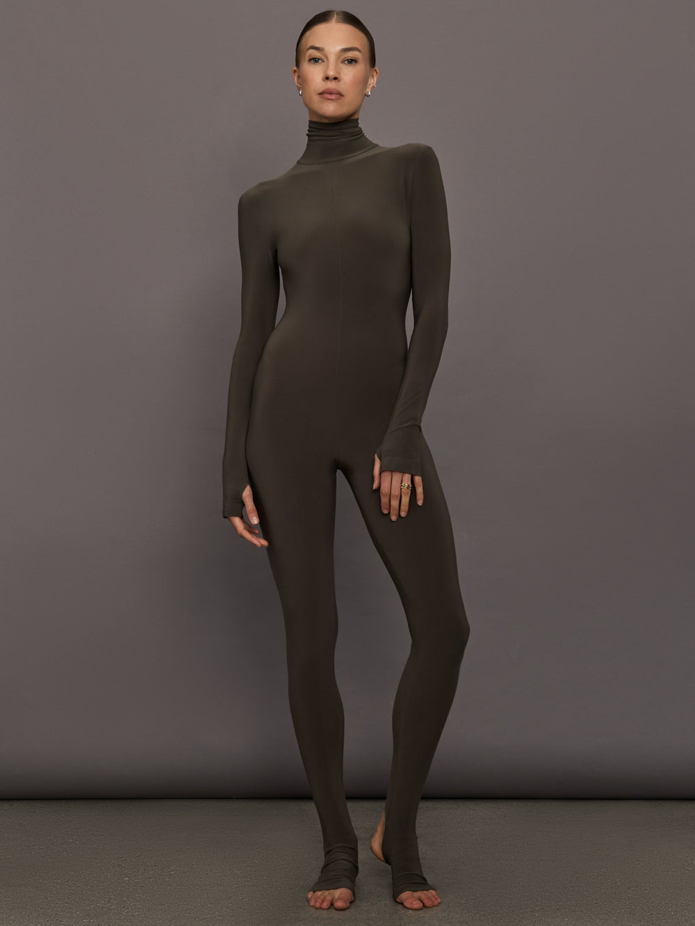 Long Sleeve Slim Fit Turtle Catsuit W/Footie - Bark