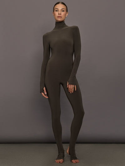 Long Sleeve Slim Fit Turtle Catsuit W/Footie - Bark