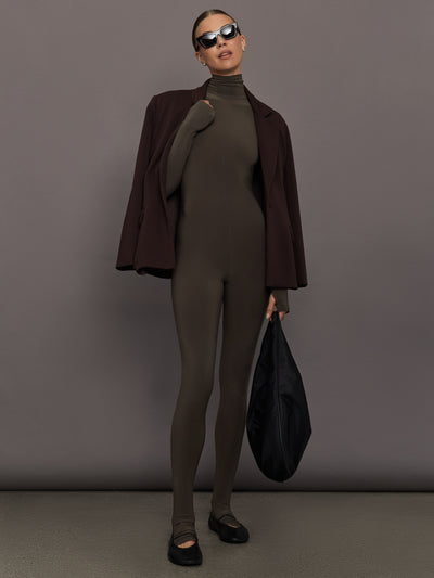 Long Sleeve Slim Fit Turtle Catsuit W/Footie - Bark