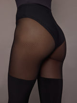 Thigh High Spliced Legging with Footie - Black/Black Mesh