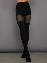 Thigh High Panty Splice Legging W/ Footsie - Black/ Black Mesh