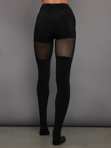 Thigh High Panty Splice Legging W/ Footsie - Black/ Black Mesh