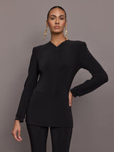 Long Sleeve Shoulder Pad V Neck Zip Front Jacket - Black