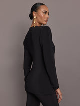 Long Sleeve Shoulder Pad V Neck Zip Front Jacket - Black