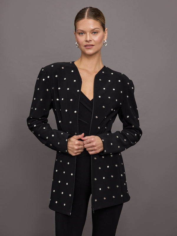 LS Shoulder Pad V Neck Zip Front Jacket  - Black All Over Studs