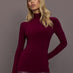 Model is wearing Slim Fit Long Sleeve Turtle Top in Plum, close-up front view.
